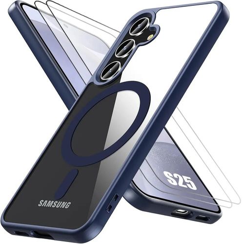 Coque Et 2 Verres Trempés Pour Samsung Galaxy S25, Protection Avec Anneau Magnétique - Bleu Marine - E.F.Connection