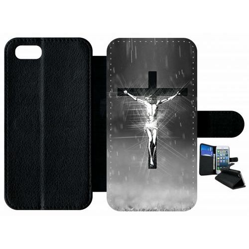 Etui A Rabat - Jésus Croix Noir Et Blanc - Compatible Avec Apple Iphone 8 - Plastique - Bord Noir