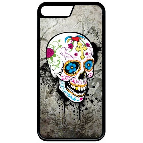 Coque Pour Smartphone - Skull Fleur Bleu Fond Gris - Compatible Avec Apple Iphone 8 Plus - Plastique - Bord Noir