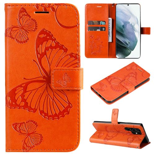 Saturcase Coque Pour Samsung Galaxy S22 Ultra, Papillon Gaufrage Pu Cuir Magnétique Flip Portefeuille Support Porte-Carte Protecteur Housse Étui Avec Dragonne Pour Samsung Galaxy S22 Ultra (Orange)