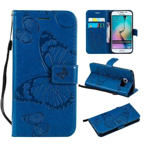 Saturcase Coque Pour Samsung Galaxy S6 Edge, Papillon Gaufrage Pu Cuir Magnétique Flip Portefeuille Support Porte-Carte Protecteur Housse Étui Avec Dragonne Pour Samsung Galaxy S6 Edge (Bleu)