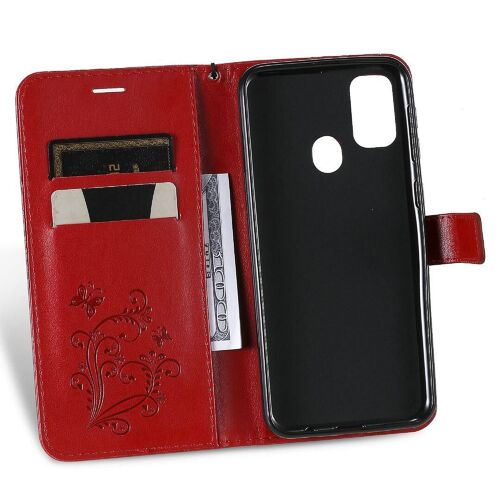 Saturcase Coque Pour Samsung Galaxy M21 / M30s, Papillon Gaufrage Pu Cuir Magnétique Flip Portefeuille Support Porte-Carte Protecteur Housse Étui Avec Dragonne Pour Samsung Galaxy M21 / M30s (Rouge)