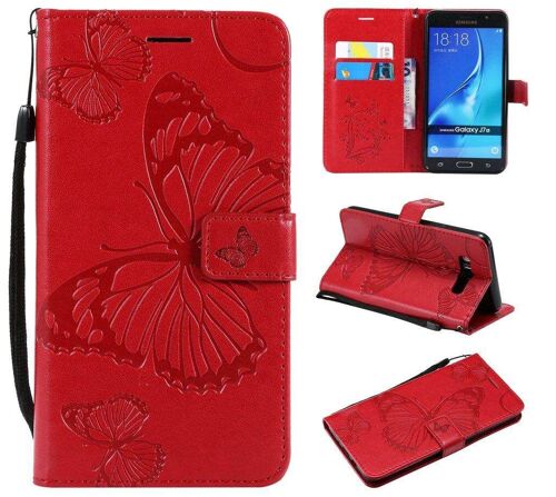Saturcase Coque Pour Samsung Galaxy J7 2016, Papillon Gaufrage Pu Cuir Magnétique Flip Portefeuille Support Porte-Carte Protecteur Housse Étui Avec Dragonne Pour Samsung Galaxy J7 2016 (Rouge)