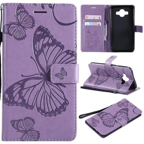 Samsung Galaxy J7 Duo Coque, Saturcase Papillon Gaufrage Pu Cuir Magnétique Flip Portefeuille Support Porte-Carte Protecteur Housse Étui Avec Dragonne Pour Samsung Galaxy J7 Duo (Violet)
