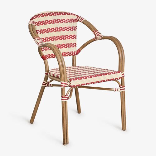 Pack de 2 chaises de salle à manger empilables avec accoudoirs en rotin synthétique et aluminium Solange Bistro Rouge Bordeaux - Beige Crème