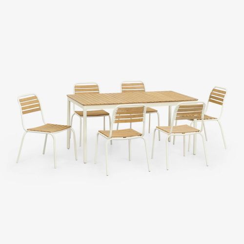 Ensemble Table Rectangulaire 160x90 Cm Et 6 Chaises De Salle À Manger Empilables En Acier Et Bois D'acacia Artus Blanc Gardenia