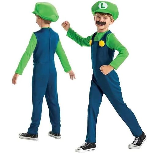 Costume De Carnaval Super Mario Luigi - Disguise - Enfant 7-8 Ans - Bleu, Vert, Blanc