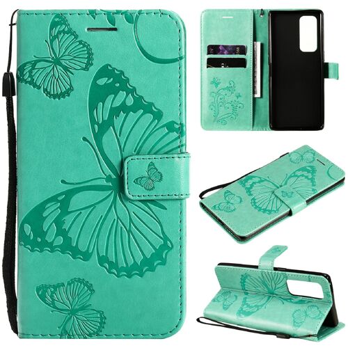 Saturcase Coque Pour Oppo Reno 5 Pro 5g, Papillon Gaufrage Pu Cuir Magnétique Flip Portefeuille Support Porte-Carte Protecteur Housse Étui Avec Dragonne Pour Oppo Reno 5 Pro 5g (Vert)