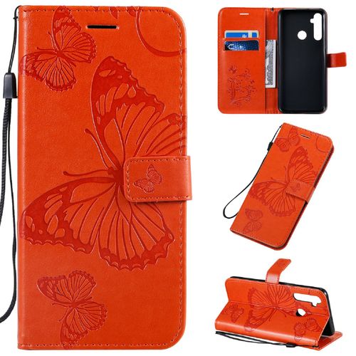 Saturcase Coque Pour Realme 5 / Realme 6i, Papillon Gaufrage Pu Cuir Magnétique Flip Portefeuille Support Porte-Carte Protecteur Housse Étui Avec Dragonne Pour Realme 5 / Realme 6i (Orange)