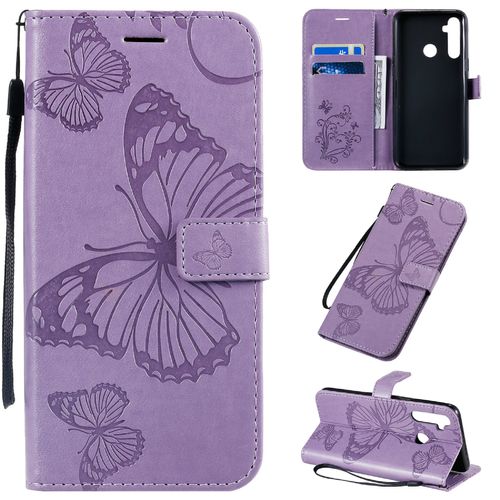 Saturcase Coque Pour Realme 5 / Realme 6i, Papillon Gaufrage Pu Cuir Magnétique Flip Portefeuille Support Porte-Carte Protecteur Housse Étui Avec Dragonne Pour Realme 5 / Realme 6i (Violet)