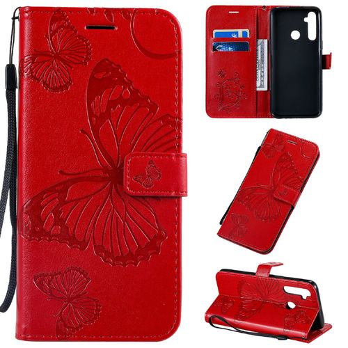 Saturcase Coque Pour Realme 5 / Realme 6i, Papillon Gaufrage Pu Cuir Magnétique Flip Portefeuille Support Porte-Carte Protecteur Housse Étui Avec Dragonne Pour Realme 5 / Realme 6i (Rouge)