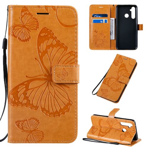 Saturcase Coque Pour Realme 5 Pro, Papillon Gaufrage Pu Cuir Magnétique Flip Portefeuille Support Porte-Carte Protecteur Housse Étui Avec Dragonne Pour Realme 5 Pro (Jaune)