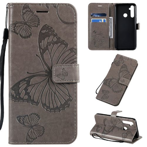 Saturcase Coque Pour Realme 5 / Realme 6i, Papillon Gaufrage Pu Cuir Magnétique Flip Portefeuille Support Porte-Carte Protecteur Housse Étui Avec Dragonne Pour Realme 5 / Realme 6i (Gris)