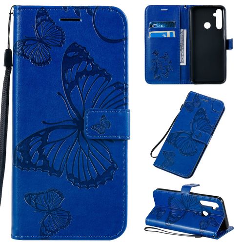 Saturcase Coque Pour Realme 5 / Realme 6i, Papillon Gaufrage Pu Cuir Magnétique Flip Portefeuille Support Porte-Carte Protecteur Housse Étui Avec Dragonne Pour Realme 5 / Realme 6i (Bleu)