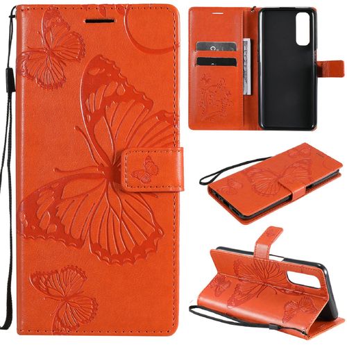 Saturcase Coque Pour Realme 7, Papillon Gaufrage Pu Cuir Magnétique Flip Portefeuille Support Porte-Carte Protecteur Housse Étui Avec Dragonne Pour Realme 7 (Orange)