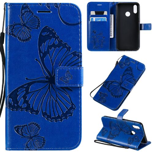 Saturcase Coque Pour Realme 3 3i, Papillon Gaufrage Pu Cuir Magnétique Flip Portefeuille Support Porte-Carte Protecteur Housse Étui Avec Dragonne Pour Realme 3 3i (Bleu)