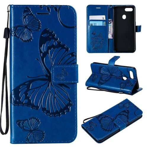 Saturcase Coque Pour Oppo F9, Papillon Gaufrage Pu Cuir Magnétique Flip Portefeuille Support Porte-Carte Protecteur Housse Étui Avec Dragonne Pour Oppo F9 (Bleu)
