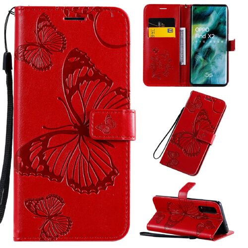 Saturcase Coque Pour Oppo Find X2, Papillon Gaufrage Pu Cuir Magnétique Flip Portefeuille Support Porte-Carte Protecteur Housse Étui Avec Dragonne Pour Oppo Find X2 (Rouge)