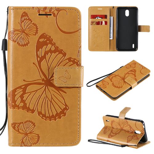 Saturcase Coque Pour Nokia 1.3, Papillon Gaufrage Pu Cuir Magnétique Flip Portefeuille Support Porte-Carte Protecteur Housse Étui Avec Dragonne Pour Nokia 1.3 (Jaune)