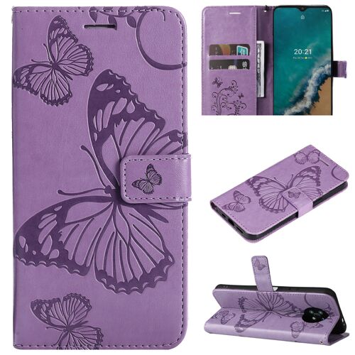 Saturcase Coque Pour Nokia G50, Papillon Gaufrage Pu Cuir Magnétique Flip Portefeuille Support Porte-Carte Protecteur Housse Étui Avec Dragonne Pour Nokia G50 (Violet)