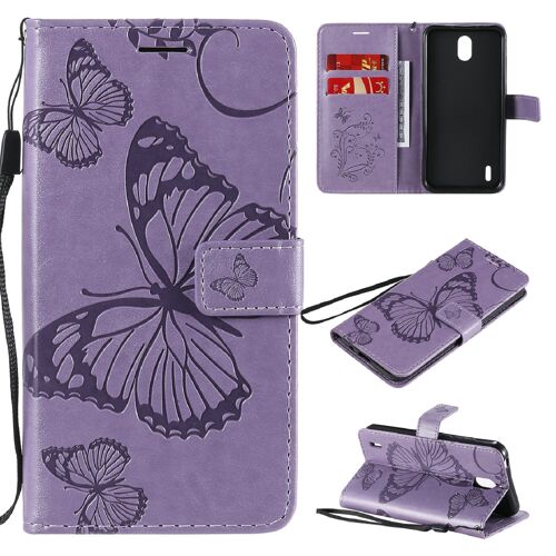 Saturcase Coque Pour Nokia 1.3, Papillon Gaufrage Pu Cuir Magnétique Flip Portefeuille Support Porte-Carte Protecteur Housse Étui Avec Dragonne Pour Nokia 1.3 (Violet)