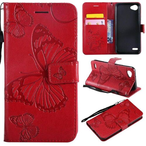 Saturcase Coque Pour Lg Q6, Papillon Gaufrage Pu Cuir Magnétique Flip Portefeuille Support Porte-Carte Protecteur Housse Étui Avec Dragonne Pour Lg Q6 (Rouge)