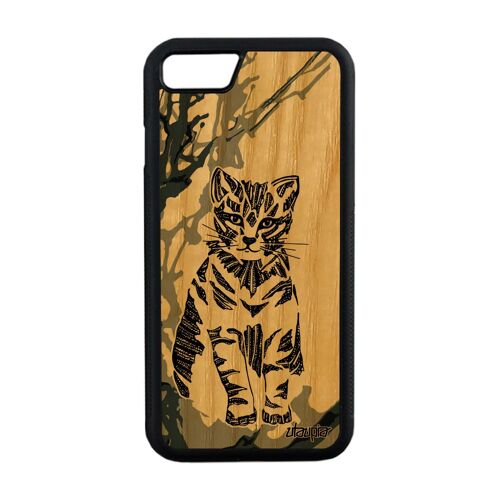 Coque chat iPhone 8 bois veritable silicone ethnique azteque felin noir de