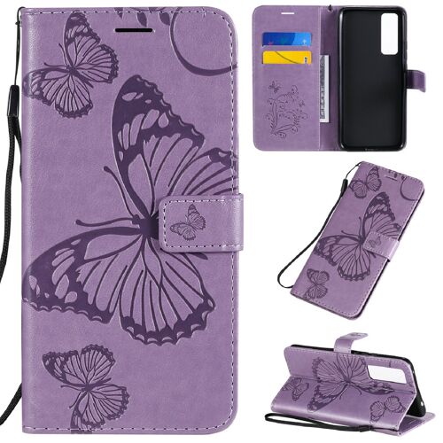 Saturcase Coque Pour Huawei Nova 7, Papillon Gaufrage Pu Cuir Magnétique Flip Portefeuille Support Porte-Carte Protecteur Housse Étui Avec Dragonne Pour Huawei Nova 7 (Violet)