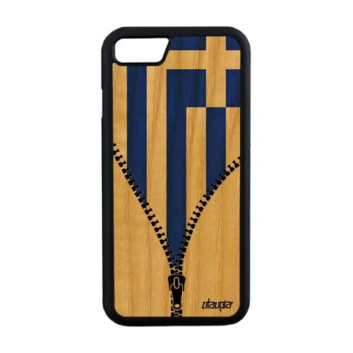 Coque bois iPhone 8 silicone drapeau grece grec foot noir coupe d'europe a