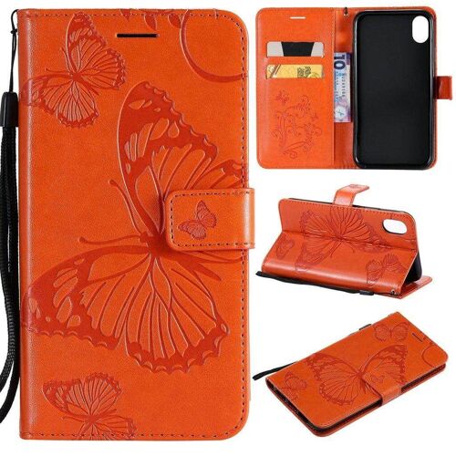 SATURCASE Coque pour Apple iPhone XR, Papillon Gaufrage PU Cuir Magnétique Flip Portefeuille Support Porte-carte Protecteur Housse Étui avec Dragonne pour Apple iPhone XR (Orange)