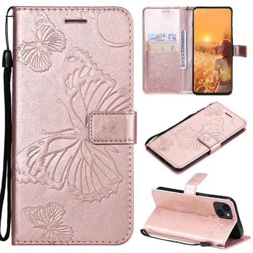 Saturcase Coque Pour Apple Iphone 13, Papillon Gaufrage Pu Cuir Magnétique Flip Portefeuille Support Porte-Carte Protecteur Housse Étui Avec Dragonne Pour Apple Iphone 13 (Or Rose)