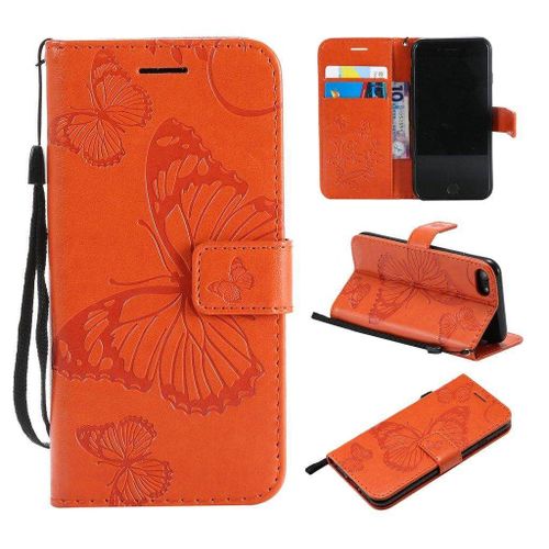 Saturcase Coque Pour Apple Iphone 7 8 Se 2020 / 2022, Papillon Gaufrage Pu Cuir Magnétique Flip Portefeuille Support Porte-Carte Protecteur Housse Étui Avec Dragonne Pour Apple Iphone 7 8 Se 2020 / 2022 (Orange)