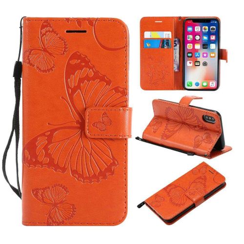 Saturcase Coque Pour Apple Iphone X / Xs, Papillon Gaufrage Pu Cuir Magnétique Flip Portefeuille Support Porte-Carte Protecteur Housse Étui Avec Dragonne Pour Apple Iphone X / Xs (Orange)
