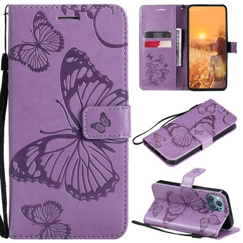 Saturcase Coque Pour Apple Iphone 13 Mini, Papillon Gaufrage Pu Cuir Magnétique Flip Portefeuille Support Porte-Carte Protecteur Housse Étui Avec Dragonne Pour Apple Iphone 13 Mini (Violet)