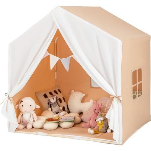 Costway Tente De Jeu Pour 3 - 4 Enfants 131 X 91 X 131 Cm, Tapis Souple En Coton Intérieur-Extérieur, 3 Ans+ Marron
