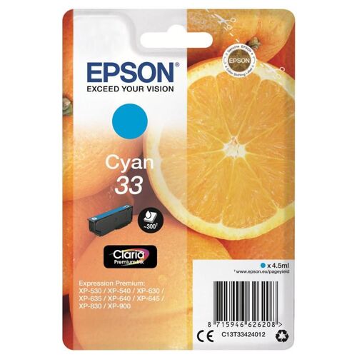 Epson 33 - 4.5 ml - cyan - original - emballage coque avec alarme radioélectrique/ acoustique - cartouche d'encre - pour Expression Home XP-530, 630, 635, 830; Expression Premium XP-540, 630...