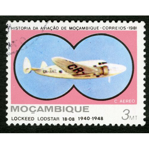 Timbre Oblitéré Moçambique, Historia Da Aviaçao Moçambique , Correios, 1981, Lockeed Lodstar 18-08, 1940-1948, 3 Mt
