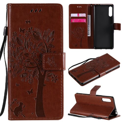 Saturcase Coque Pour Sony Xperia L4, Arbre À Chat Pu Cuir Magnétique Flip Portefeuille Support Porte-Carte Protecteur Housse Étui Avec Dragonne Pour Sony Xperia L4 (Marron)