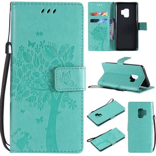 Saturcase Coque Pour Samsung Galaxy S9, Arbre À Chat Pu Cuir Magnétique Flip Portefeuille Support Porte-Carte Protecteur Housse Étui Avec Dragonne Pour Samsung Galaxy S9 (Vert)