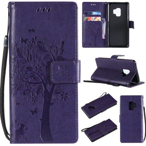 Saturcase Coque Pour Samsung Galaxy S9, Arbre À Chat Pu Cuir Magnétique Flip Portefeuille Support Porte-Carte Protecteur Housse Étui Avec Dragonne Pour Samsung Galaxy S9 (Violet)