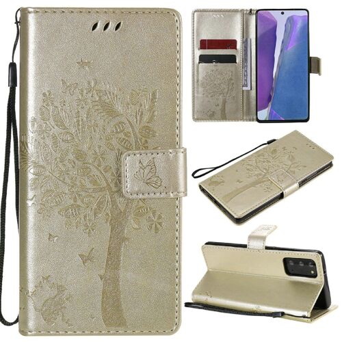 Saturcase Coque Pour Samsung Galaxy Note 20, Arbre À Chat Pu Cuir Magnétique Flip Portefeuille Support Porte-Carte Protecteur Housse Étui Avec Dragonne Pour Samsung Galaxy Note 20 (Or)