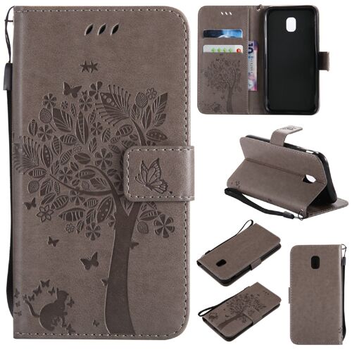 Saturcase Coque Pour Samsung Galaxy J3 2017, Arbre À Chat Pu Cuir Magnétique Flip Portefeuille Support Porte-Carte Protecteur Housse Étui Avec Dragonne Pour Samsung Galaxy J3 2017 (Gris)
