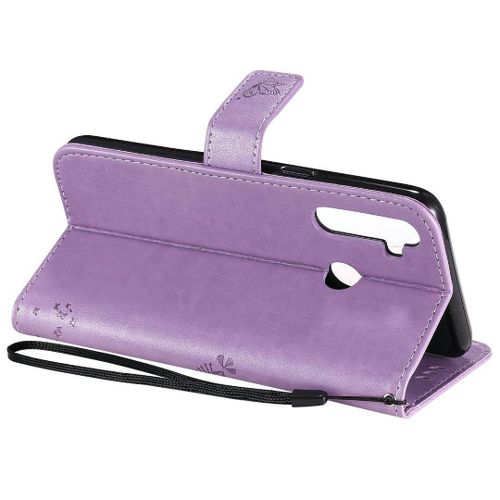 Saturcase Coque Pour Realme 5, Arbre À Chat Pu Cuir Magnétique Flip Portefeuille Support Porte-Carte Protecteur Housse Étui Avec Dragonne Pour Realme 5 (Lavande)