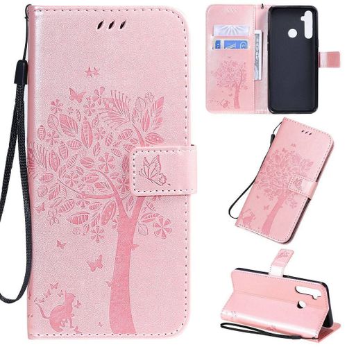 Saturcase Coque Pour Realme 5, Arbre À Chat Pu Cuir Magnétique Flip Portefeuille Support Porte-Carte Protecteur Housse Étui Avec Dragonne Pour Realme 5 (Or Rose)