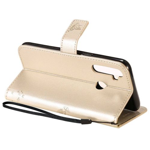 Saturcase Coque Pour Realme 5, Arbre À Chat Pu Cuir Magnétique Flip Portefeuille Support Porte-Carte Protecteur Housse Étui Avec Dragonne Pour Realme 5 (Or)