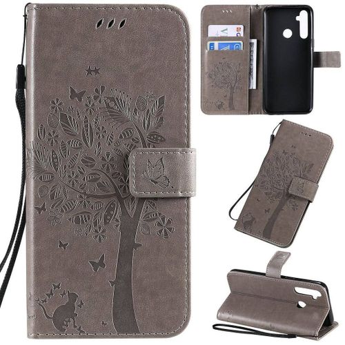 Saturcase Coque Pour Realme 5, Arbre À Chat Pu Cuir Magnétique Flip Portefeuille Support Porte-Carte Protecteur Housse Étui Avec Dragonne Pour Realme 5 (Gris)