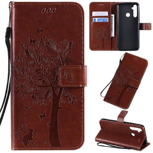 Saturcase Coque Pour Realme 5, Arbre À Chat Pu Cuir Magnétique Flip Portefeuille Support Porte-Carte Protecteur Housse Étui Avec Dragonne Pour Realme 5 (Marron)