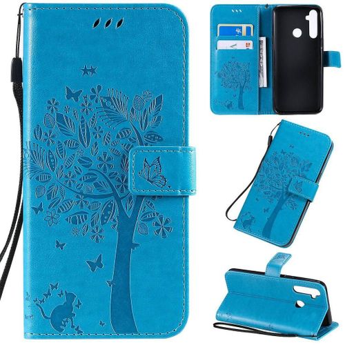 Saturcase Coque Pour Realme 5, Arbre À Chat Pu Cuir Magnétique Flip Portefeuille Support Porte-Carte Protecteur Housse Étui Avec Dragonne Pour Realme 5 (Bleu)