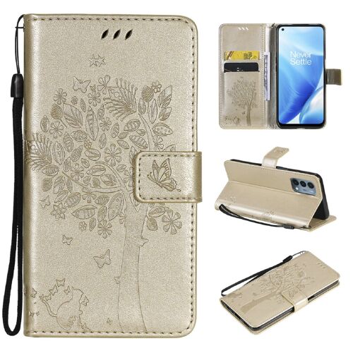 Saturcase Coque Pour Oneplus Nord N200 5g, Arbre À Chat Pu Cuir Magnétique Flip Portefeuille Support Porte-Carte Protecteur Housse Étui Avec Dragonne Pour Oneplus Nord N200 5g (Or)