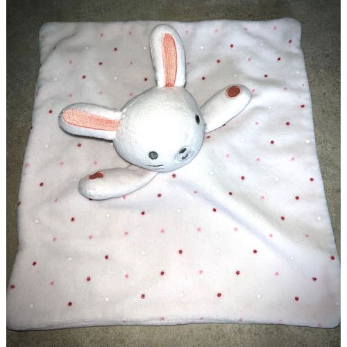 Doudou lapin blanc pois roses Mots d'enfants peluche jouet bébé